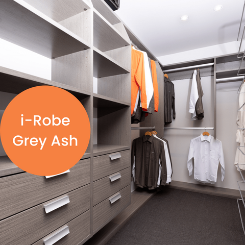 Modern walk-in closet with i-Robe Grey Ash wardrobe system, clothes hanging on racks.