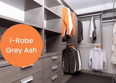 Modern walk-in closet with i-Robe Grey Ash wardrobe system, clothes hanging on racks.