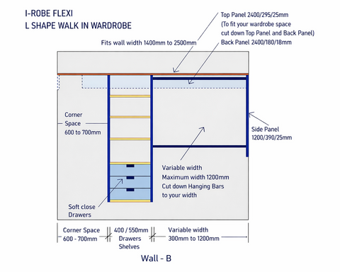 Technical diagram of an L-shaped walk-in wardrobe system with dimensions and features.