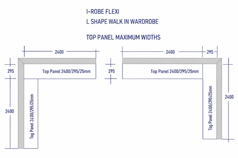 Technical drawing of an L-shaped walk-in wardrobe with dimensions labeled.