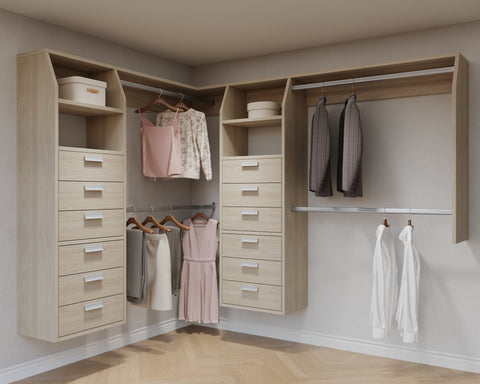 Wooden wardrobe with clothes and drawers in a room.