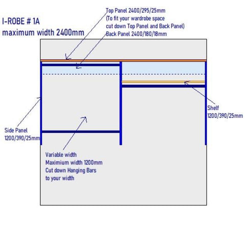 i-Robe Wardrobe 1A dimensions for 2400mm wardrobe space with hanging rails and shelf