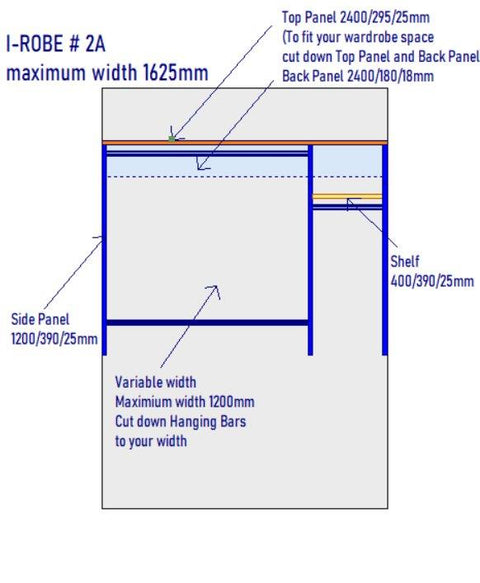 i-Robe Wardrobe 2A dimensions for 1675mm wardrobe space with hanging rails and shelf