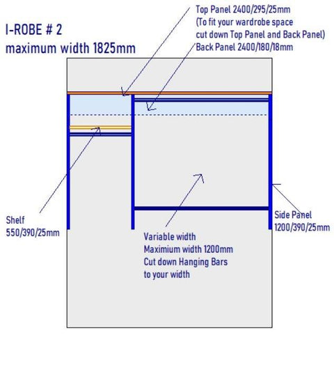i-Robe Wardrobe 2 dimensions for 1825mm wardrobe space with hanging rails and shelf