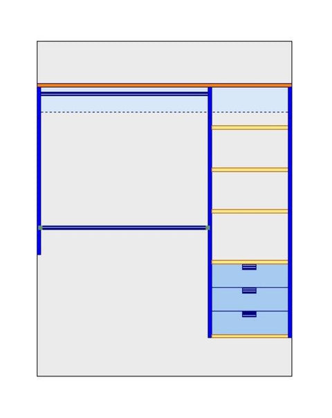i-Robe Wardrobe 3B elevation with shelf tower, three drawers and double hanging section