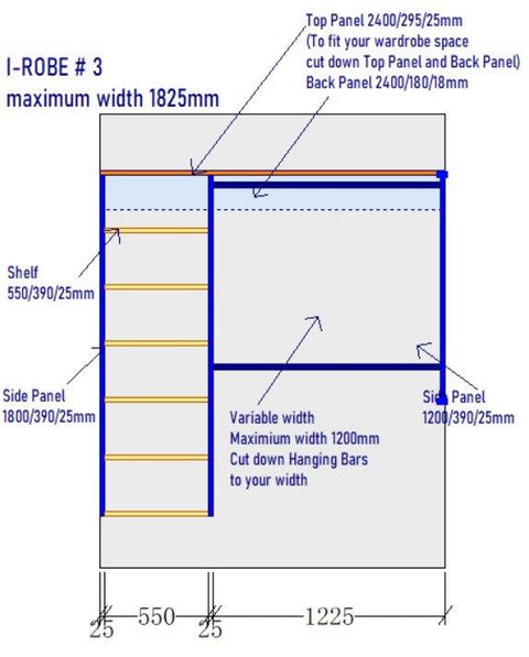 i-Robe Wardrobe 3 dimensions for modular wardrobe with shelves and double hanging rails