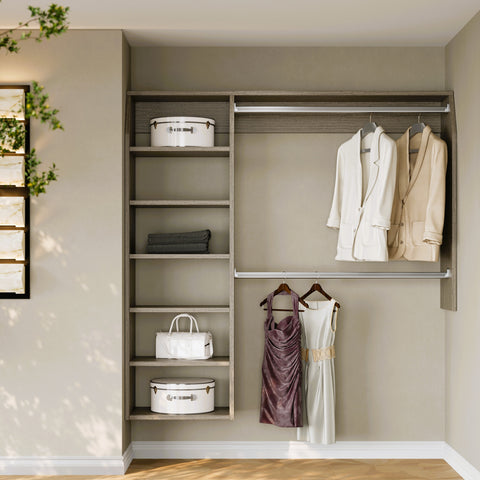 Modern walk-in closet with shelves and hanging clothes