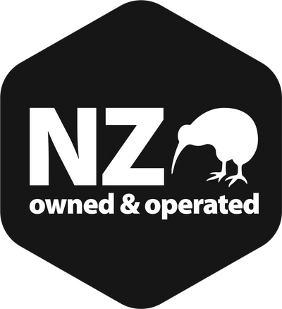 Logo with 'NZ owned & operated' text and a kiwi bird silhouette on a black background