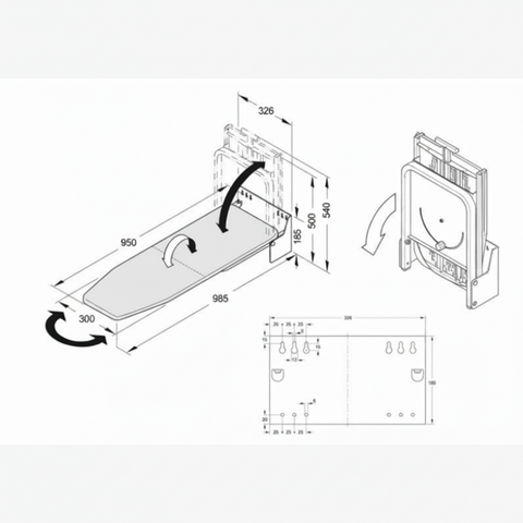 Dimensions for wall mounted folding & swivelling ironing board