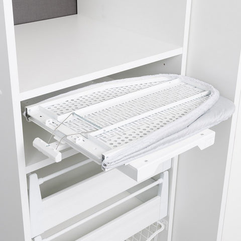 White swivel and folding ironing board for in laundry, wardrobe or garage