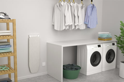 Wall mounted fold down ironing board, compact space saving design 